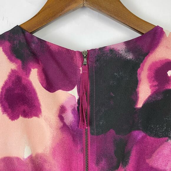 Ann Taylor Loft | Purple Pink Watercolor Ruffle Center Sleeveless Shift Dress - Picture 4 of 6
